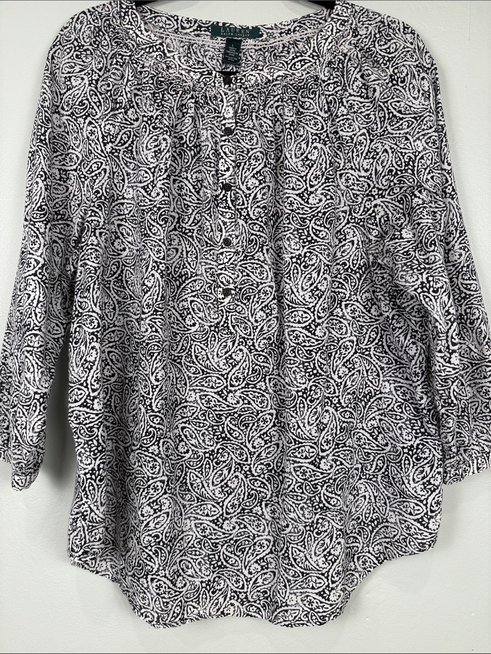 Lauren Ralph Lauren Black & White Paisley Henley Tunic Blouse Size L
